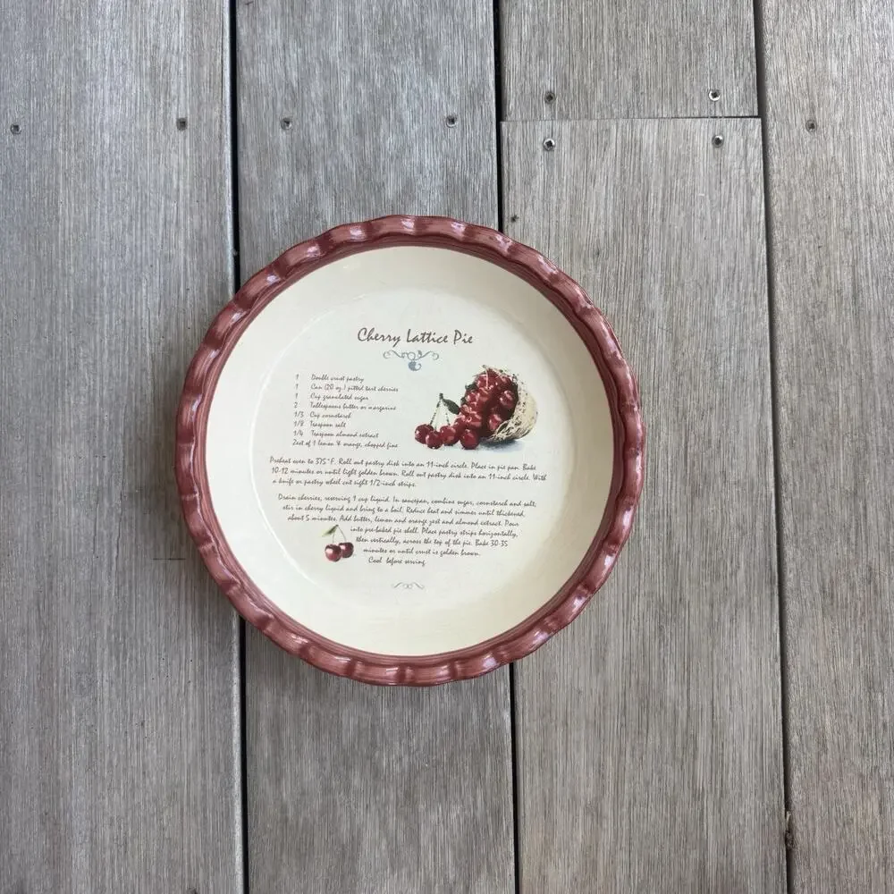 Cherry Lattice Pie Fluted Edge Deep Dish Plate Ceramic 9 in Recipe Cottagecore